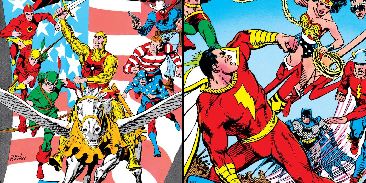 A split image of the Seven Soldiers of Victory and Shazam fighting the JSA in DC Comics