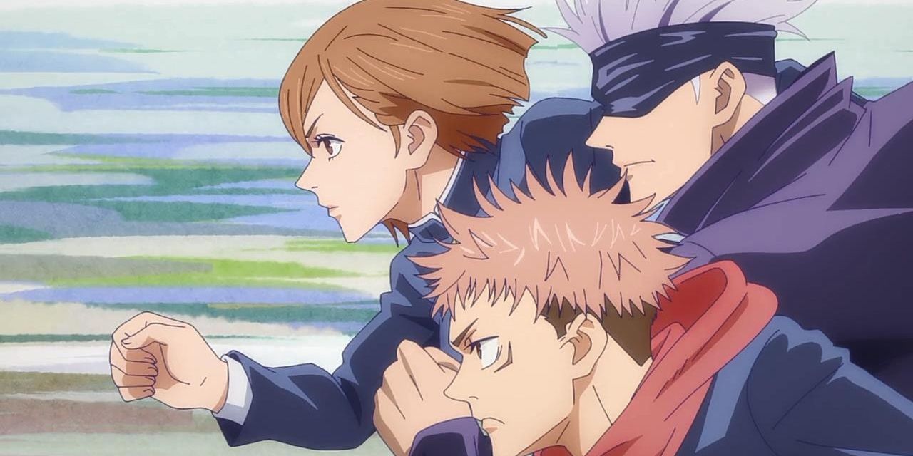 Yuji, Nobara, and Gojo running in Jujutsu Kaisen. 