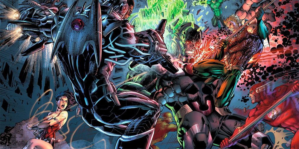 Justice League battles Darkseid as a team