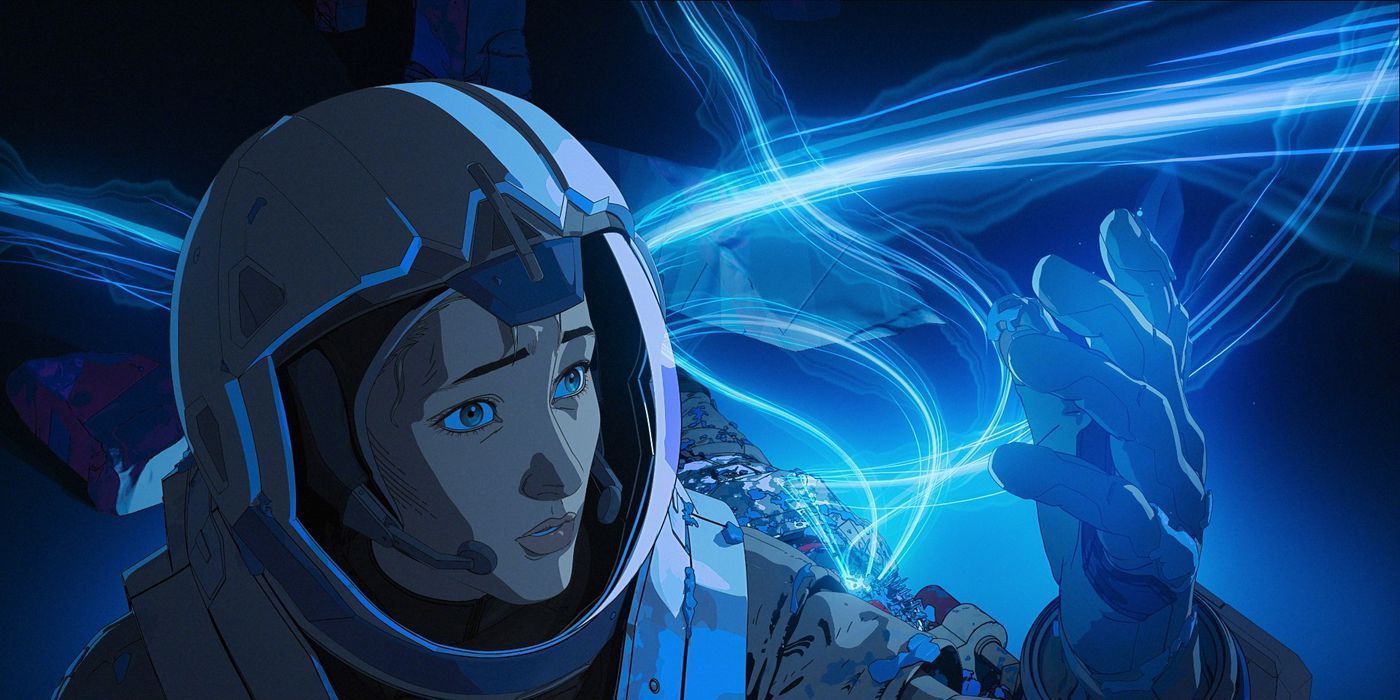 An astronaut stares at swirling blue energy with an expression of wonder in Love, Death + Robots