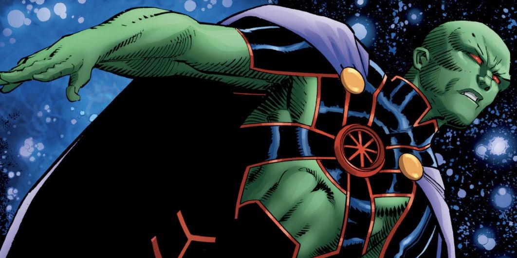 DC Comics' Martian Manhunter (J'Onn J'Onzz) flying through the night sky