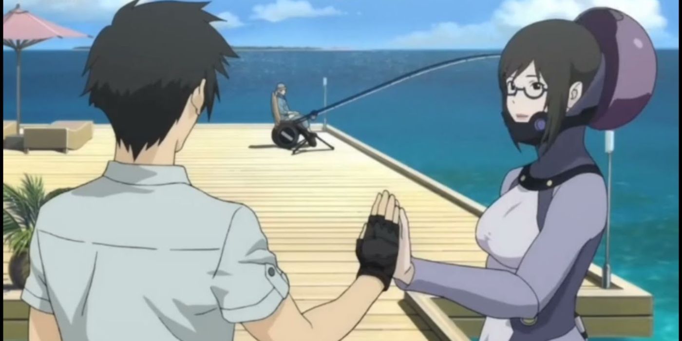 Real Drive anime characters high five on a pontoon while someone fishes
