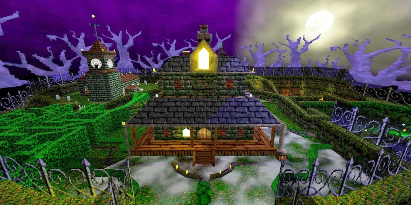 Mad Monster Mansion from Banjo Kazooie moonlight and scary trees