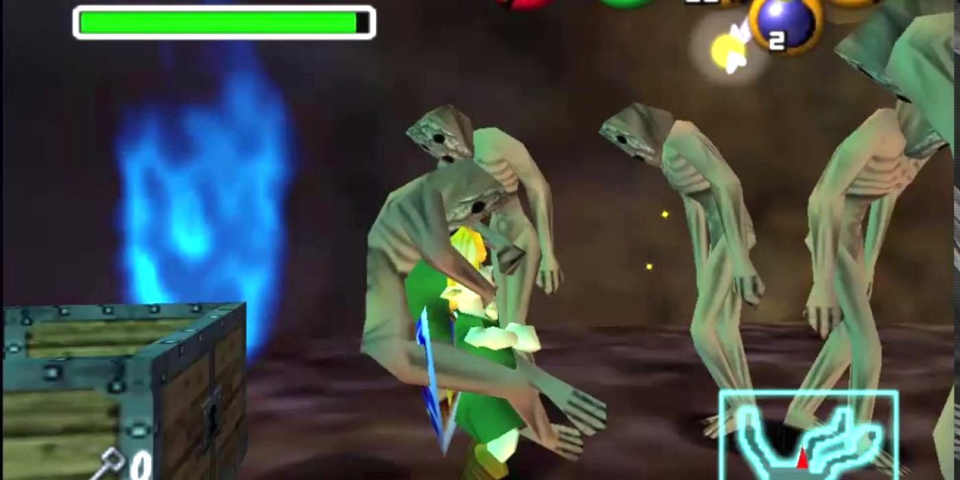ReDeads surrounding and eating Link in The Legend of Zelda: Ocarina of Time.
