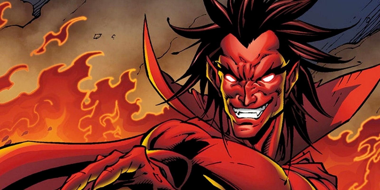 Mephisto stands in front of flames, smiling, in Marvel Comics.