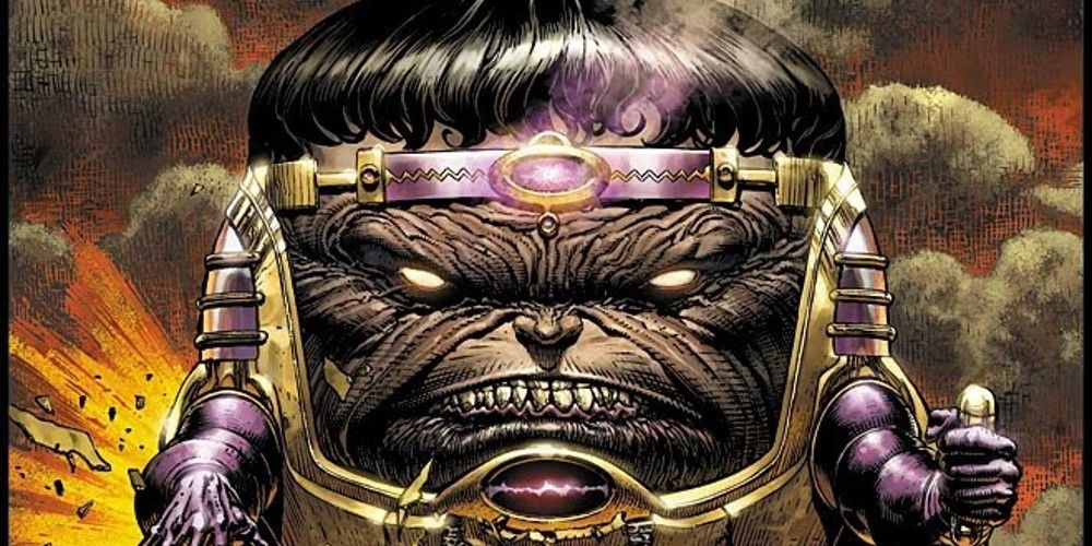 A close up of M.O.D.O.K looking serious and angry