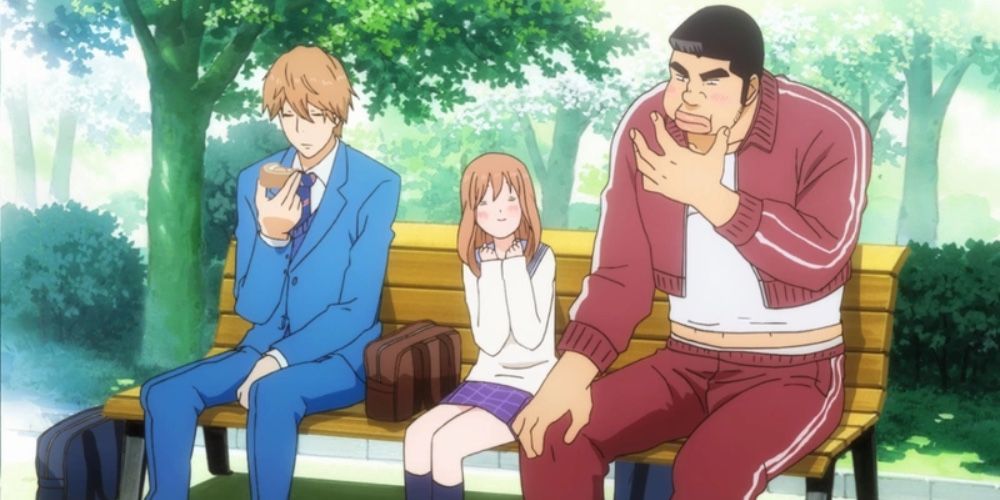 Suna, Rinko, and Takeo sit on a bench together and eat homebaked desserts in My Love Story!!