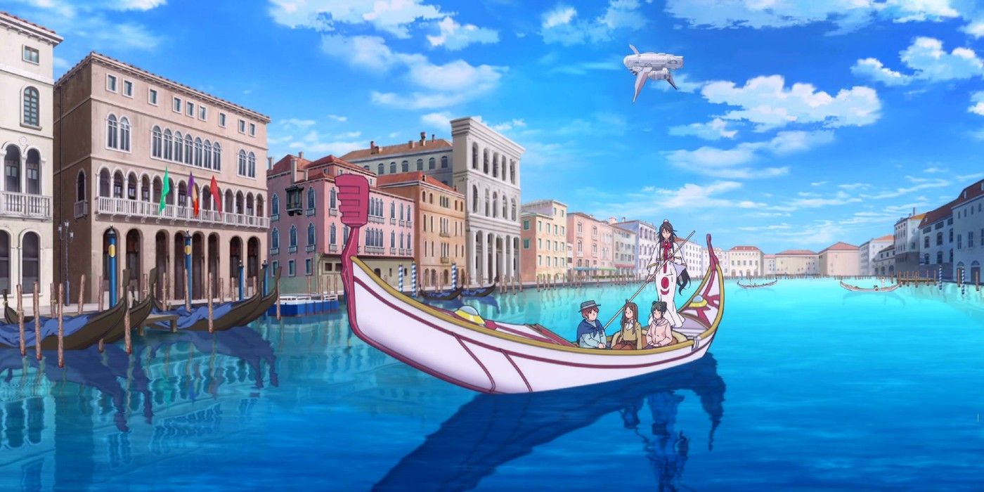 Characters of Aria being transported via gondola in Neo-Venezia