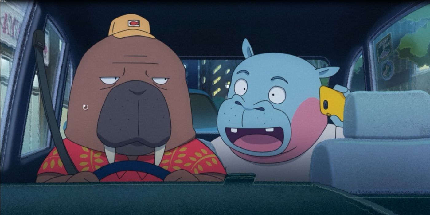 Odokawa listens to a hippo passenger in Odd Taxi