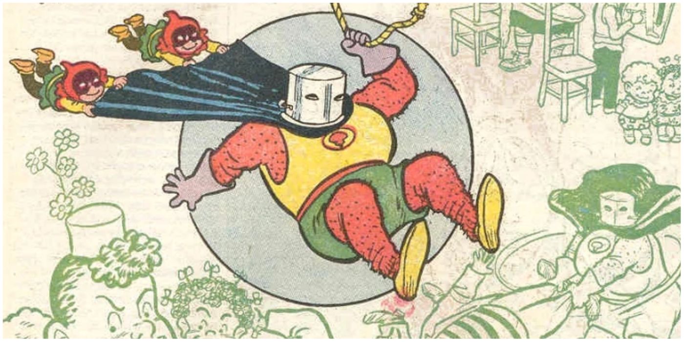 Original Red Tornado swinging on a rope with cyclone kids holding her cape in DC Comics.