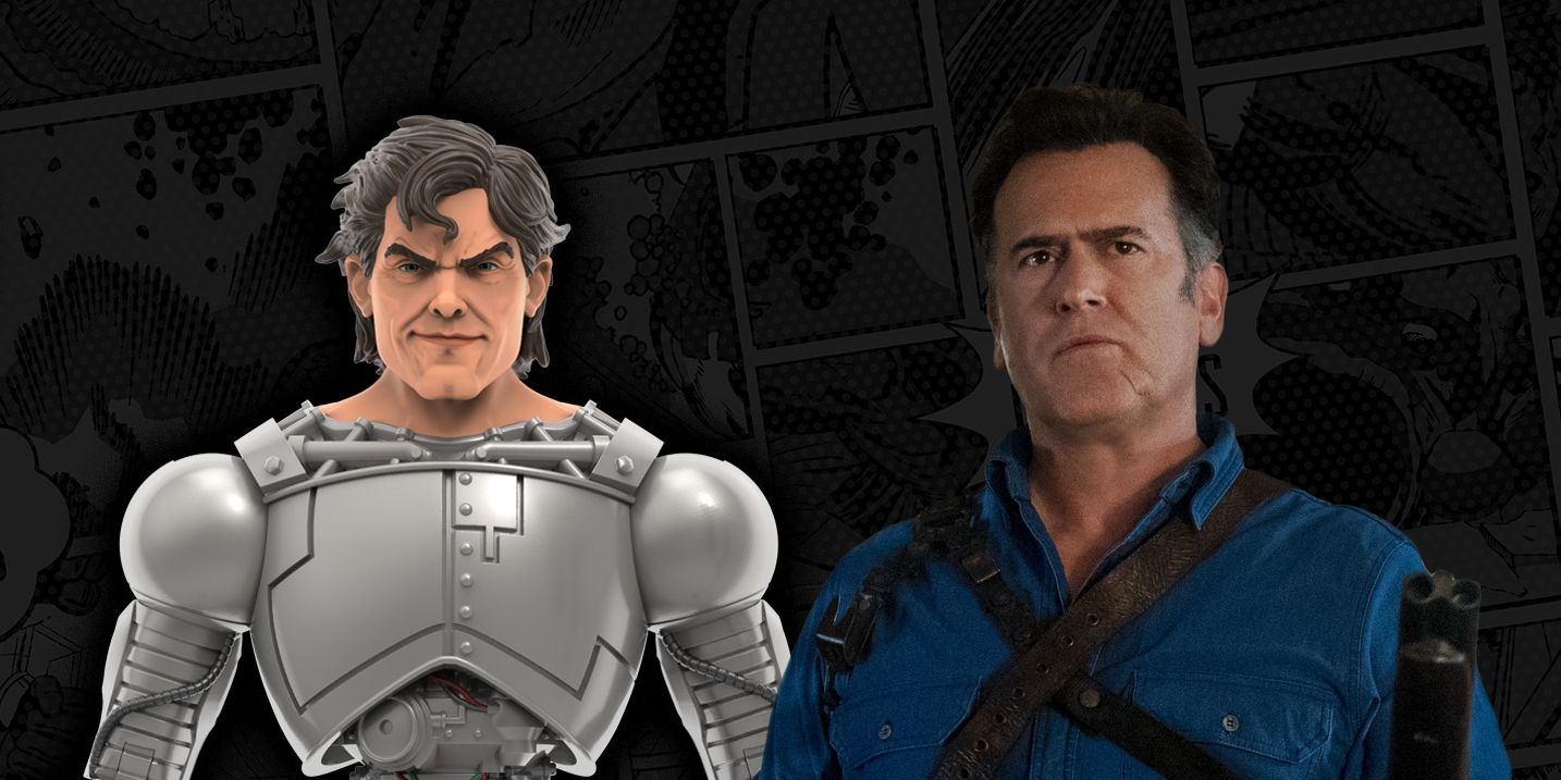 An action figure of Pretty Boy next to Bruce Campbell as Ash Williams in Evil Dead