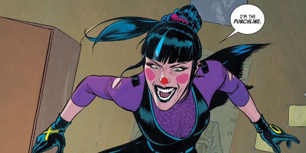 Punchline leaning forward and laughing at her opponent in DC Comics