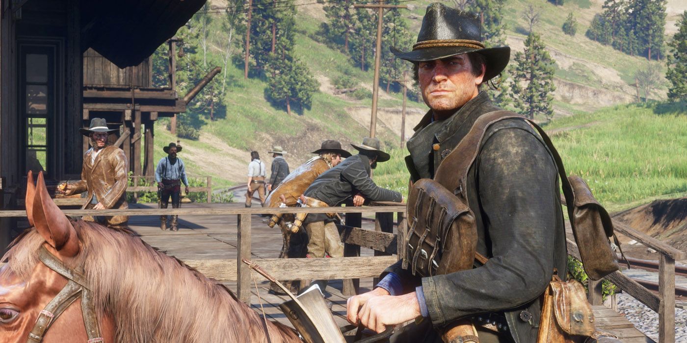 Arthur Morgan riding a horse through town in Red Dead Redemption II