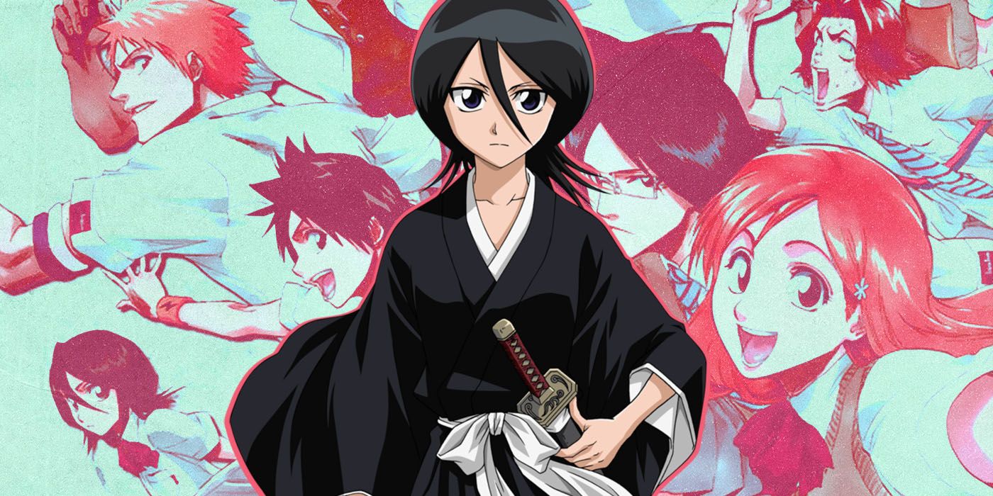 Rukia Kuchiki looking determined with her sword in Bleach, with other Bleach characters posing in the background.