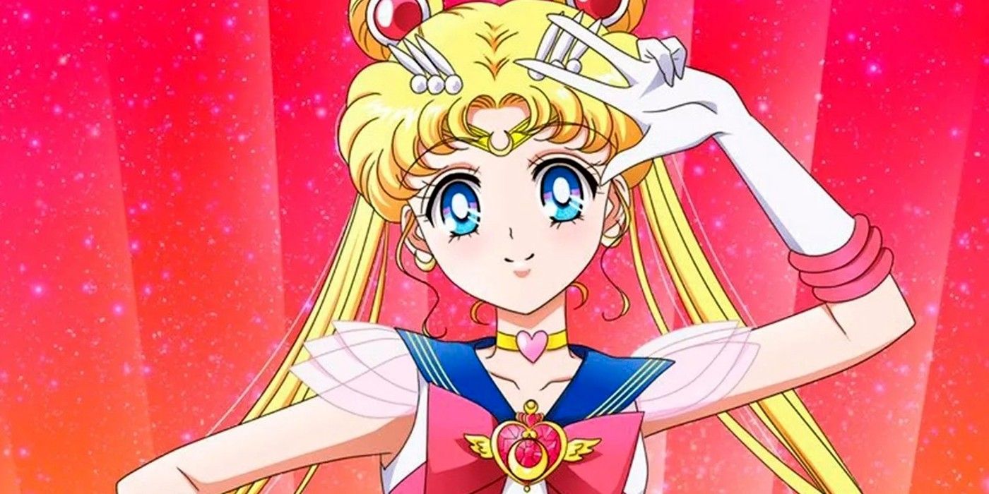 Usagi giving a peace sign in front of a sparkly red background in Sailor Moon.