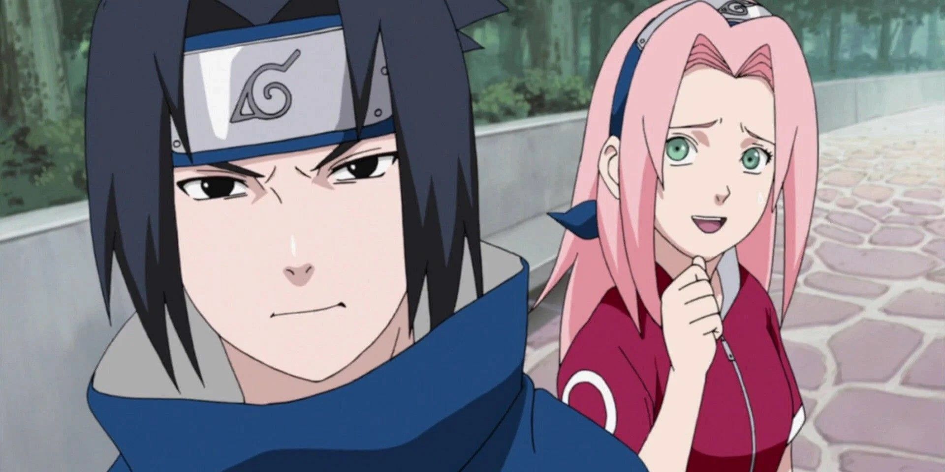 Sakura standing behind Sasuke on the sidewalk in Naruto