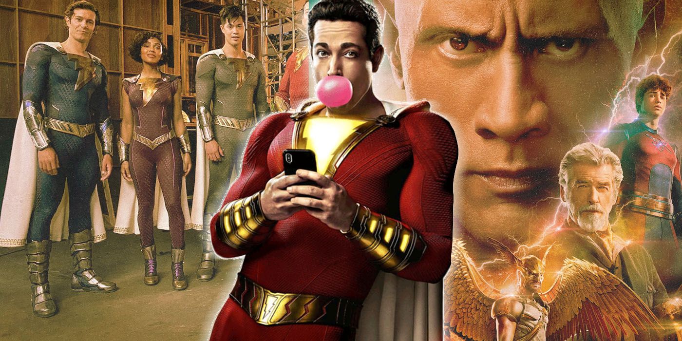 Shazam in front of the Shazam Family and the cast of Black Adam.