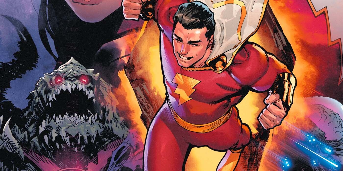 Shazam smiles and flies with Doomsday behind him