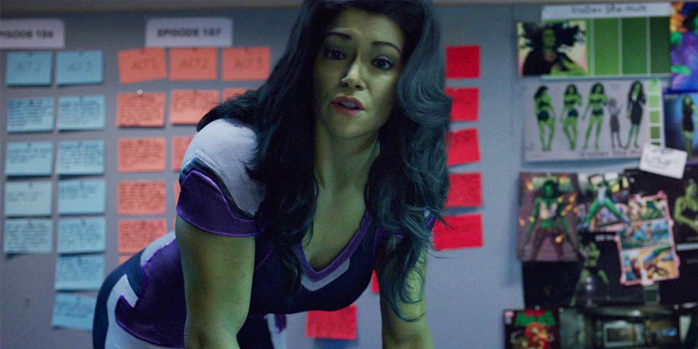 She-Hulk: Tatiana Maslany's She-Hulk breaks into the show's writers room, which is covered with storyboards and concept art.