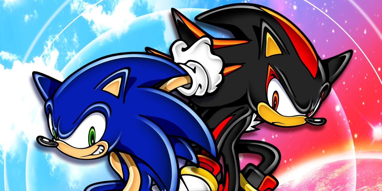 Sonic and Shadow back-to-back in art for Sonic Adventures 2