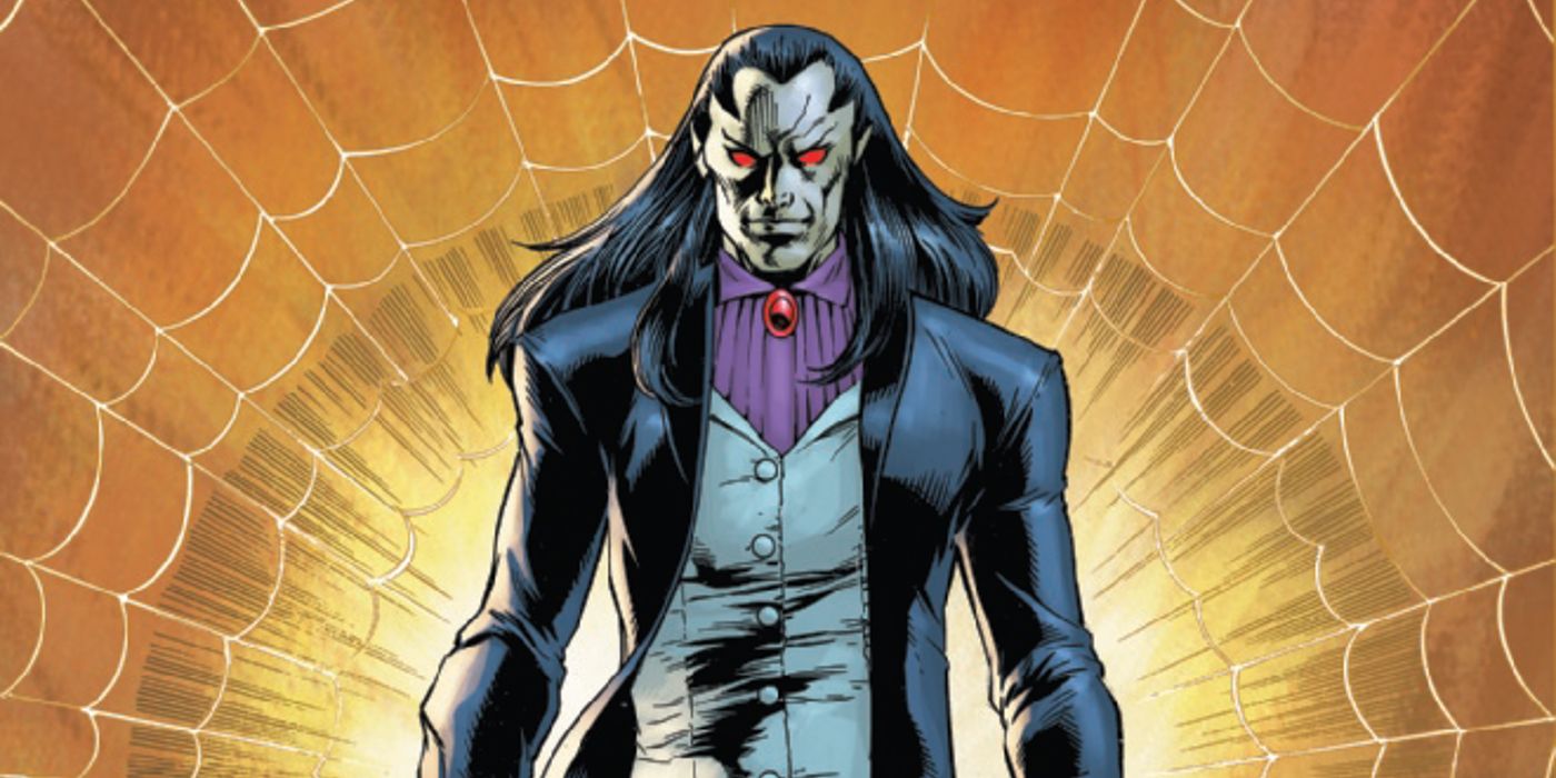 Morlun with a confident grin, standing in front of a yellow webbed background in Marvel Comics