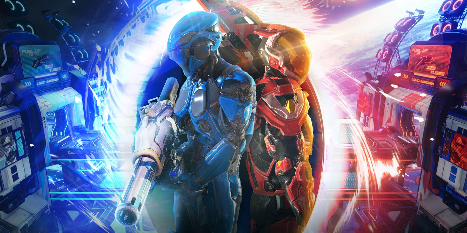 A red and blue soldier stand back to back in front of merging portals