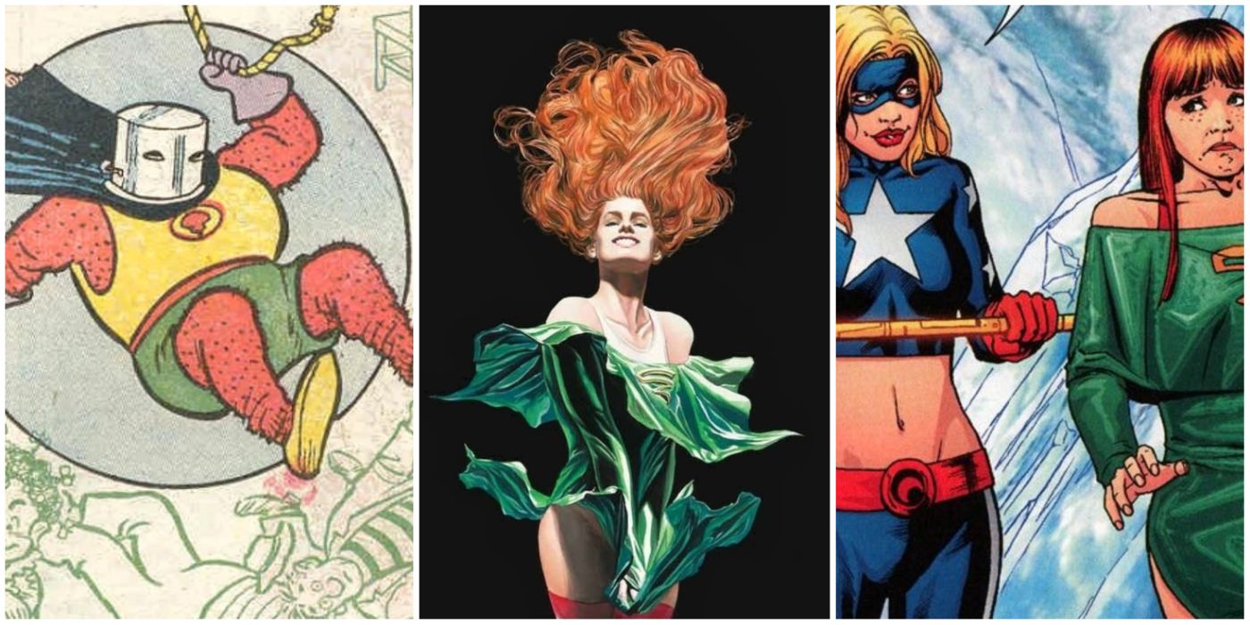 the original Red Tornado swinging on a rope, Cyclone smiling with her hair and dress blowing in wind, and Stargirl talking to Cyclone in DC comics