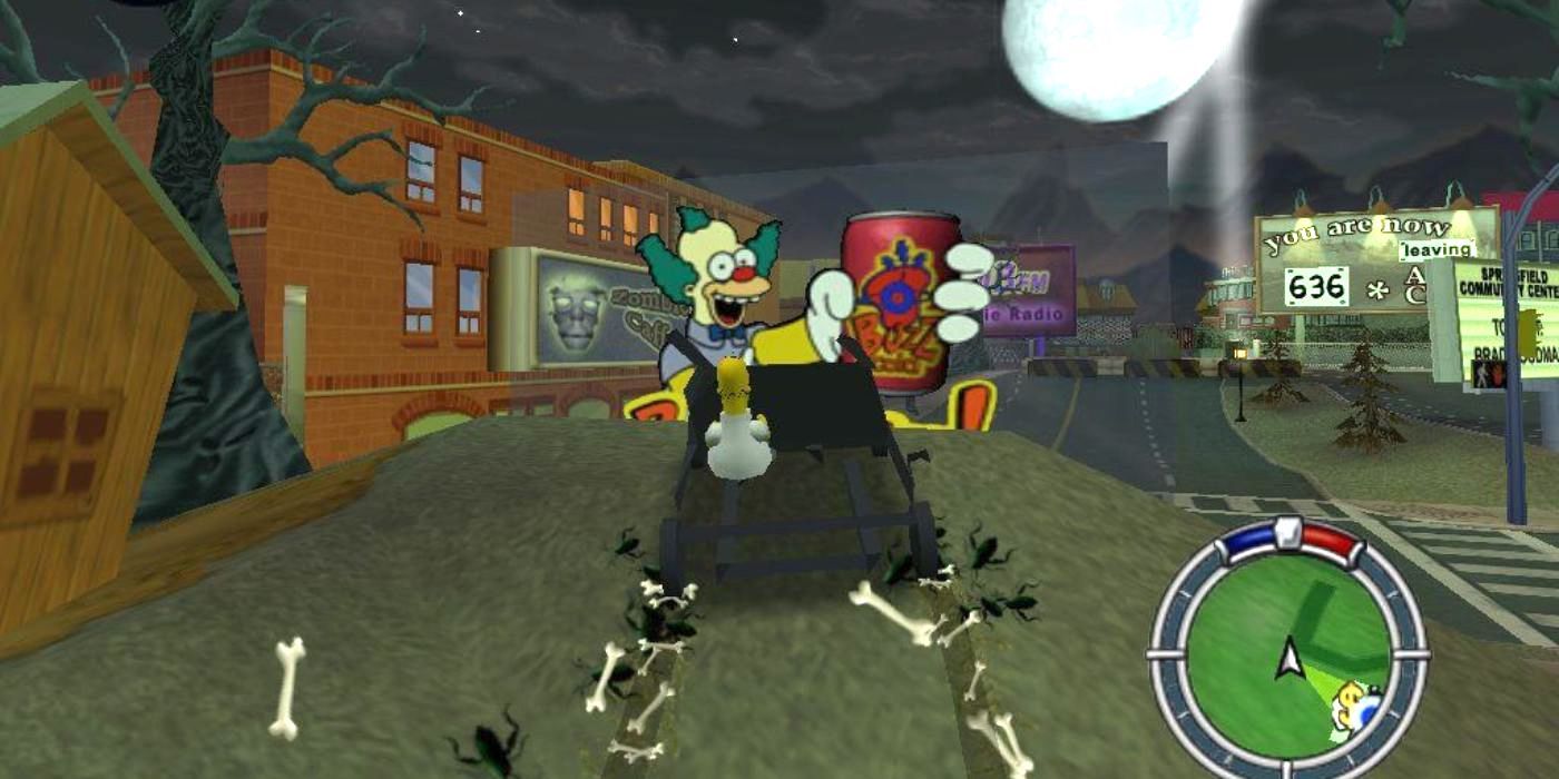 The Simpsons hit and run level 7 Homer driving with bones behind car