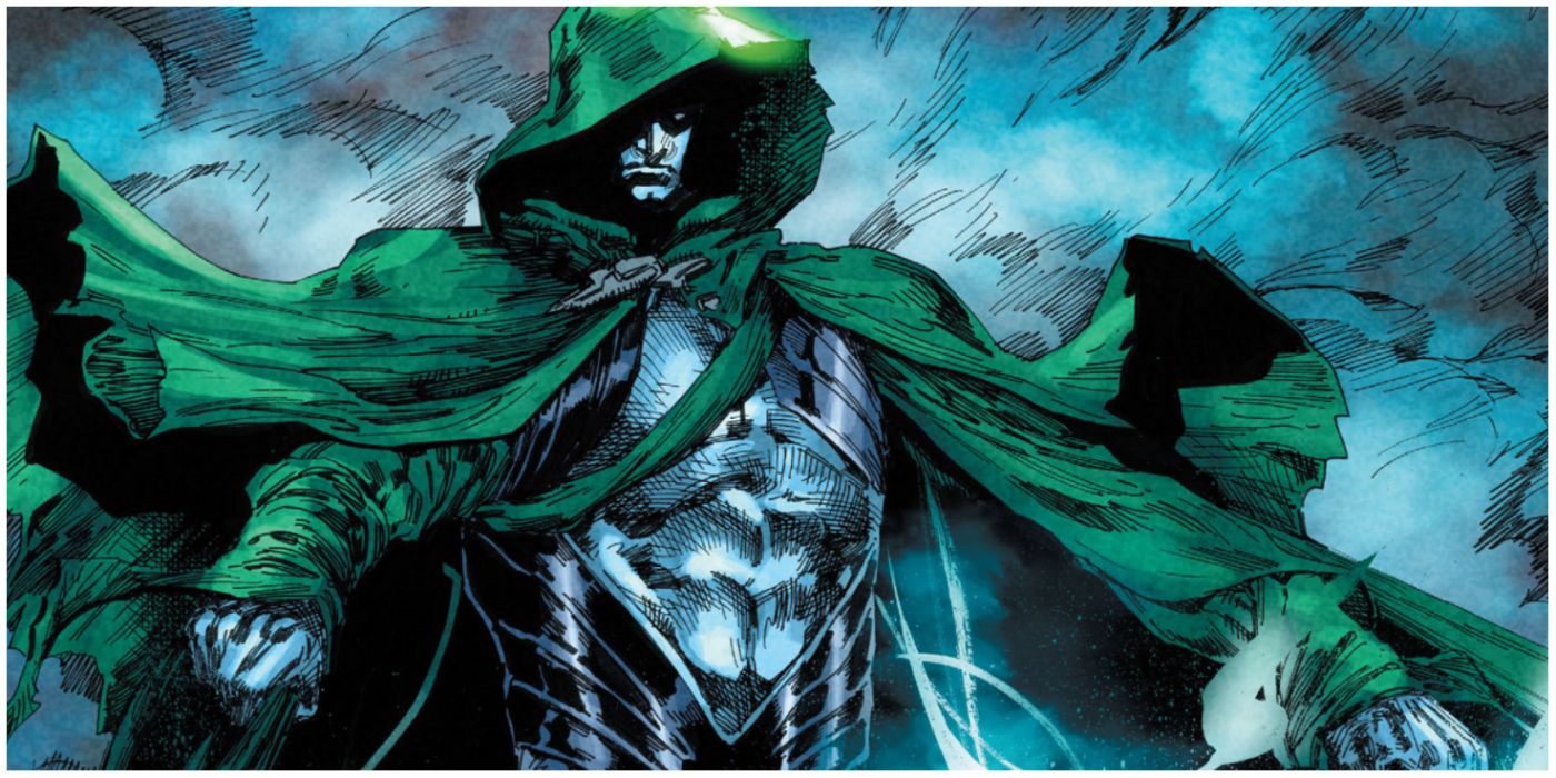 The Spectre with his cape flowing and arms stretched out in DC Comics