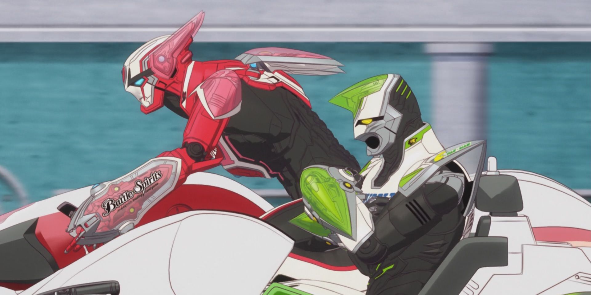 Tiger e Bunny em motocicletas.