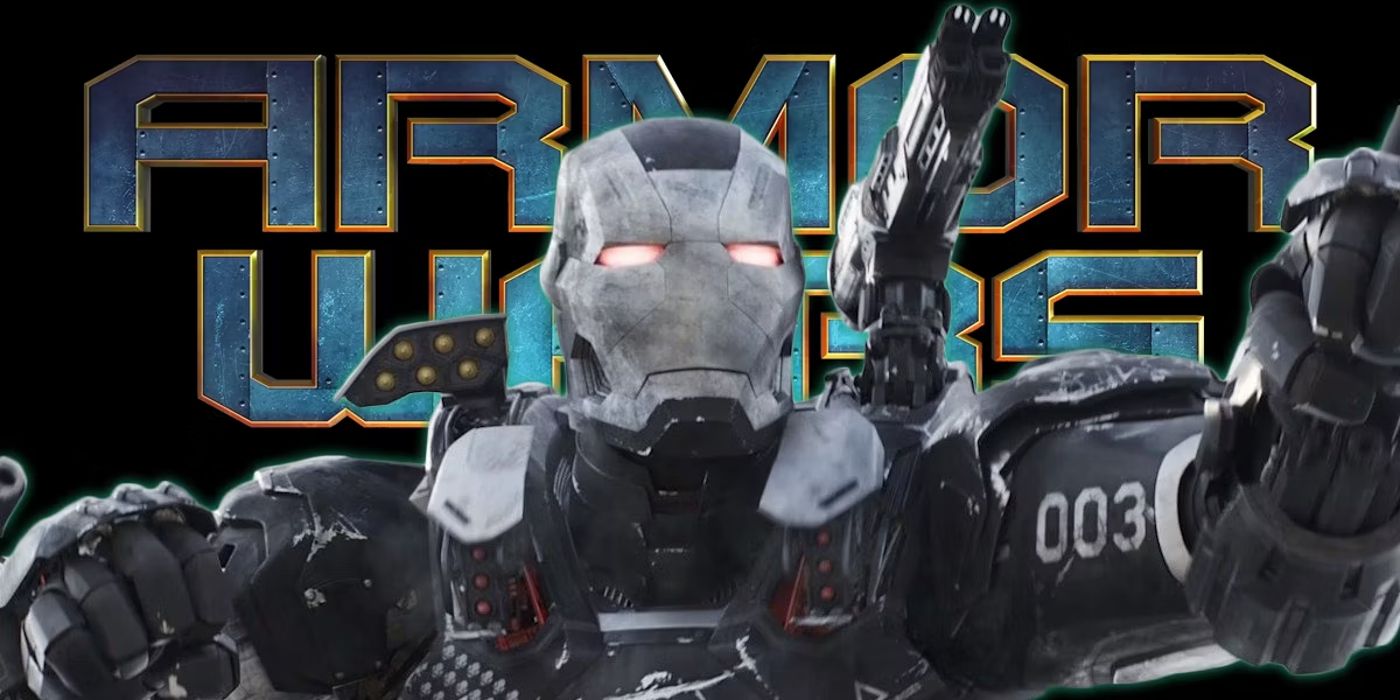War Machine pointing in front of armor wars title screen