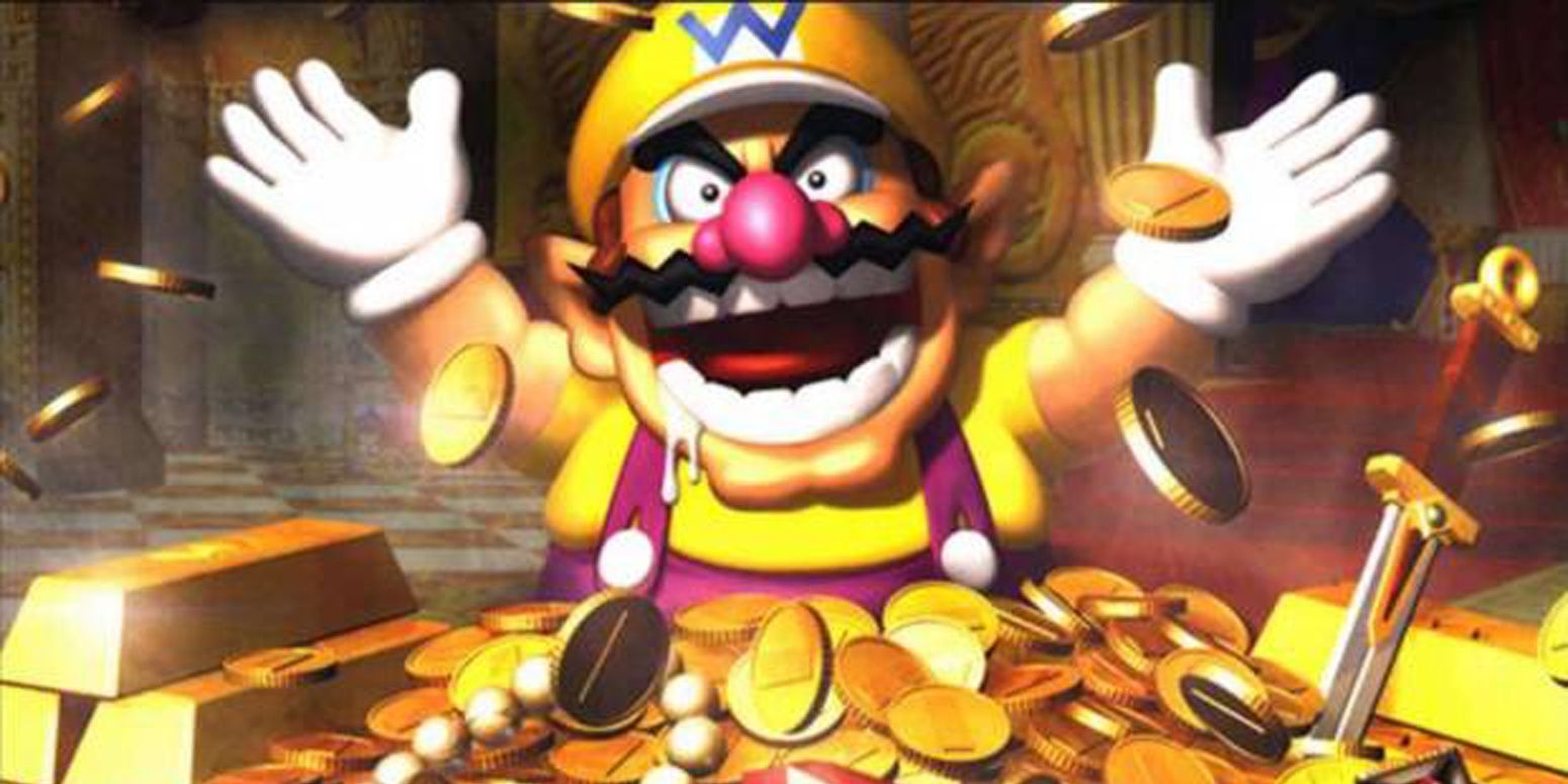 Wario tosses gold coins into the air in Wario World