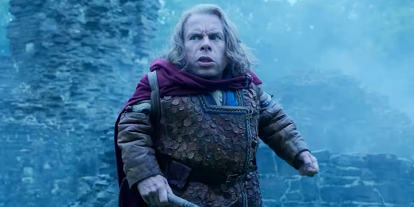 Willow Disney+ Series: Warwick Davis as Willow in battle, holding his wand.