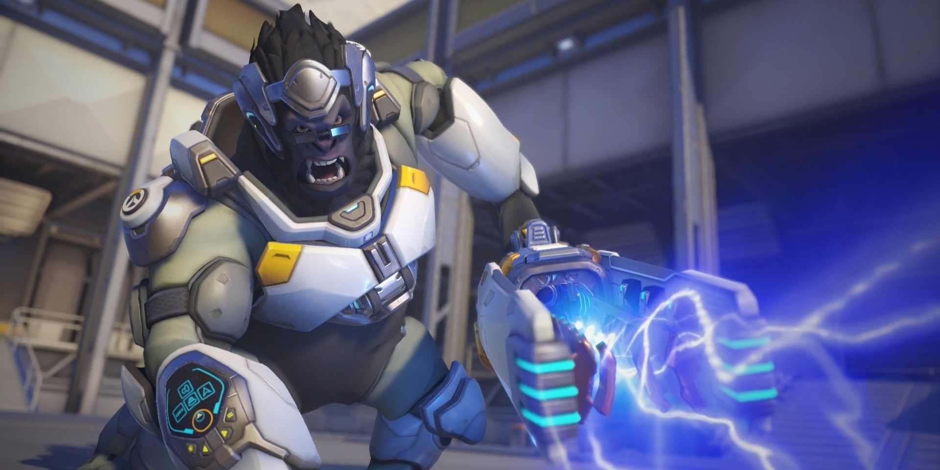 Winston shooting energy from his cannon in Overwatch 2