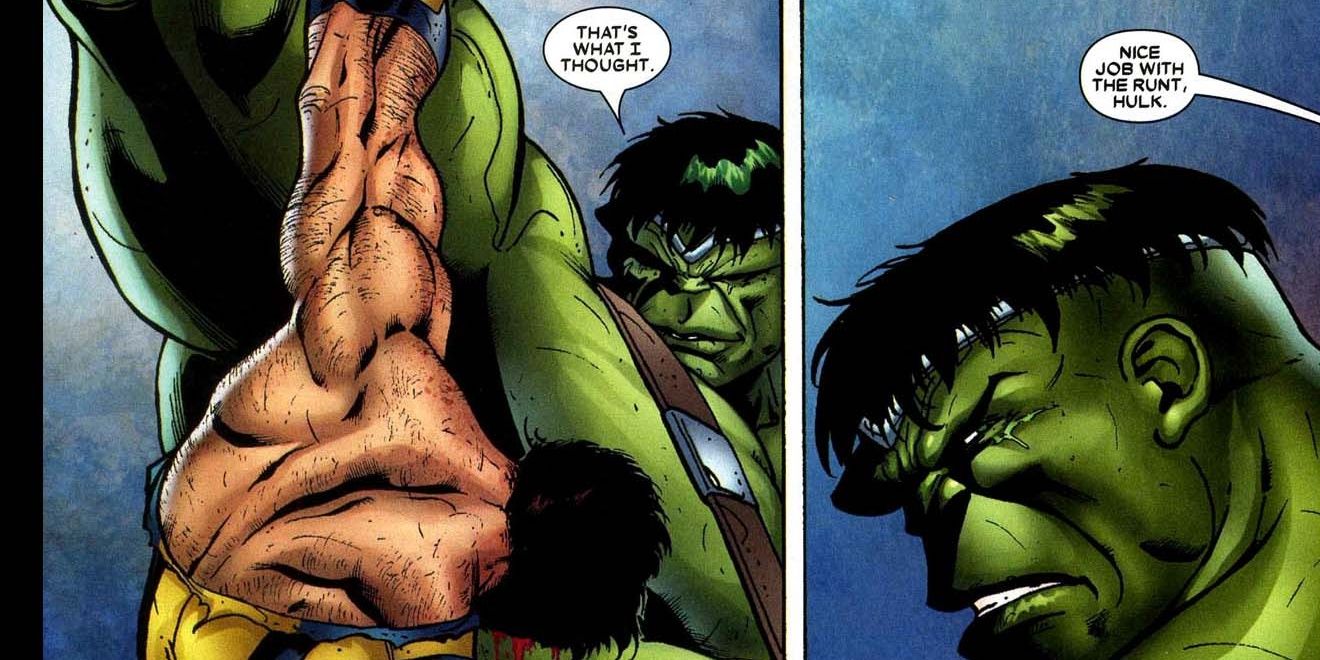 Worldbreaker Hulk holds up an unconscious Wolverine