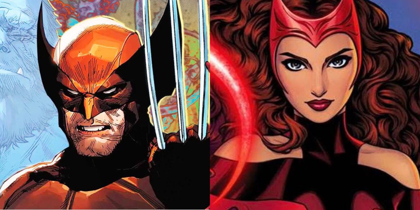 wolverine with his claws out, scarlet witch doing magic