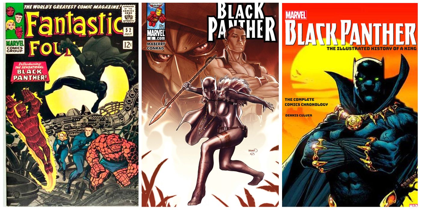 A split image of the comic covers for Fantastic Four #52, Black Panther: Doomwar, and Black Panther: The Bride