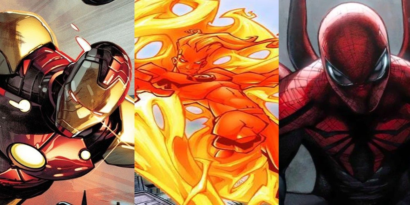 split image of Iron Man, Human Torch, and Superior Spider-Man from Marvel Comics