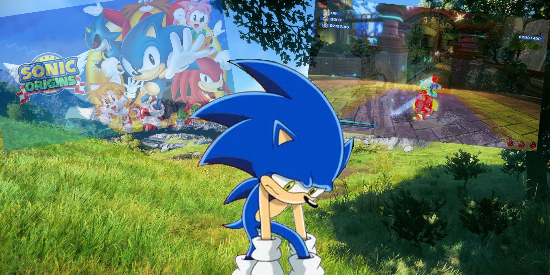 An image collage of Sonic hunched over and tired, with snapshots from Sonic games in the background