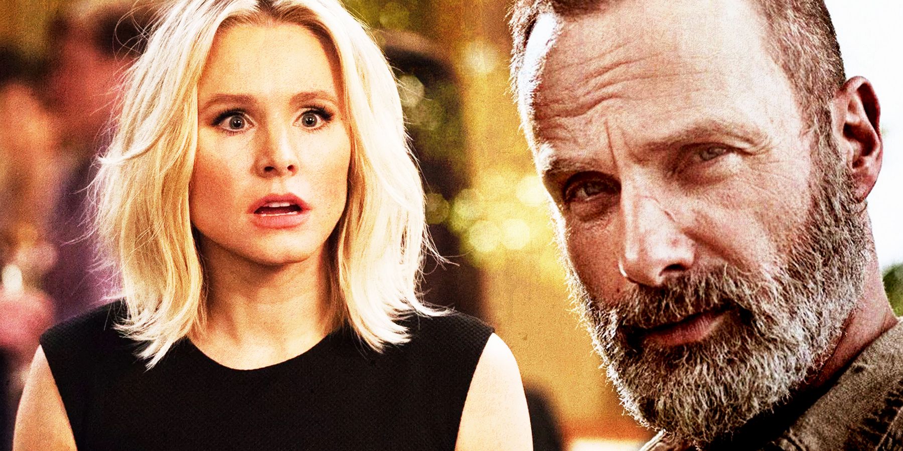 A split image of Eleanor in The Good Place and Rick Grimes in The Walking Dead