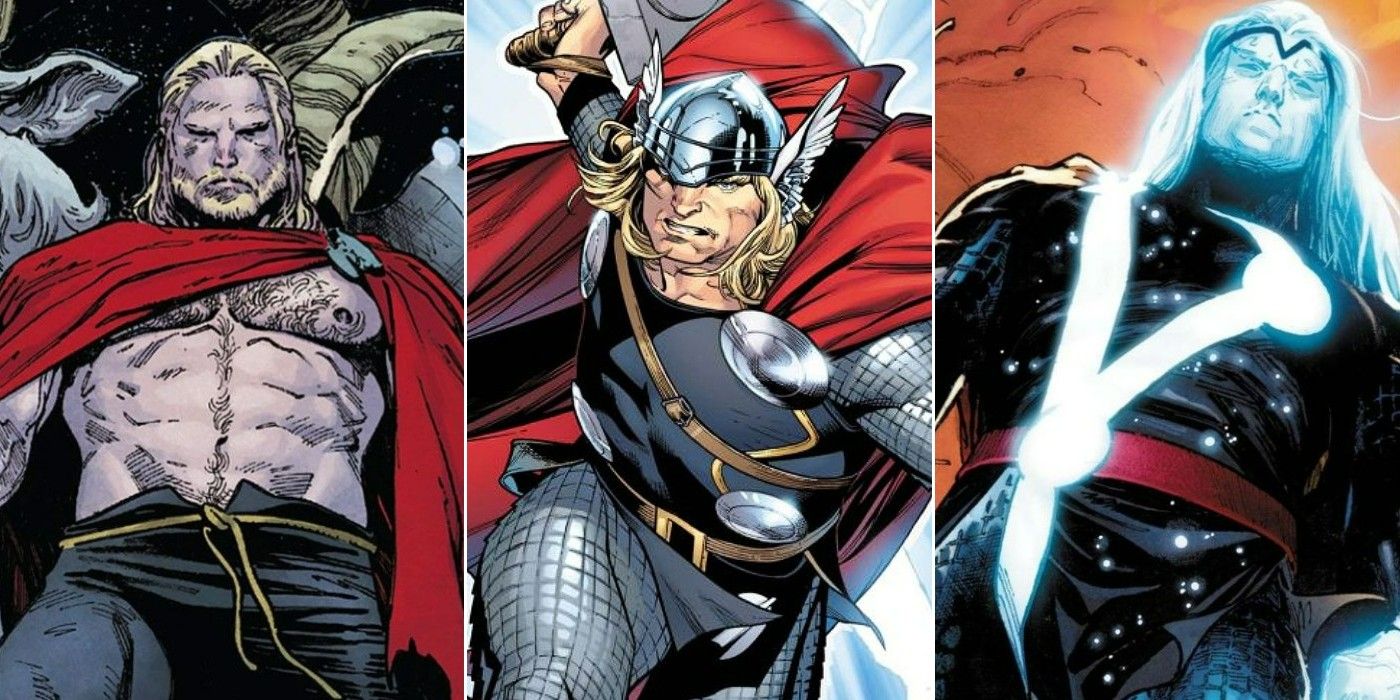 A split image of The Unworthy Thor, of Thor swinging his hammer, and of Thor as the Herald of Thunder