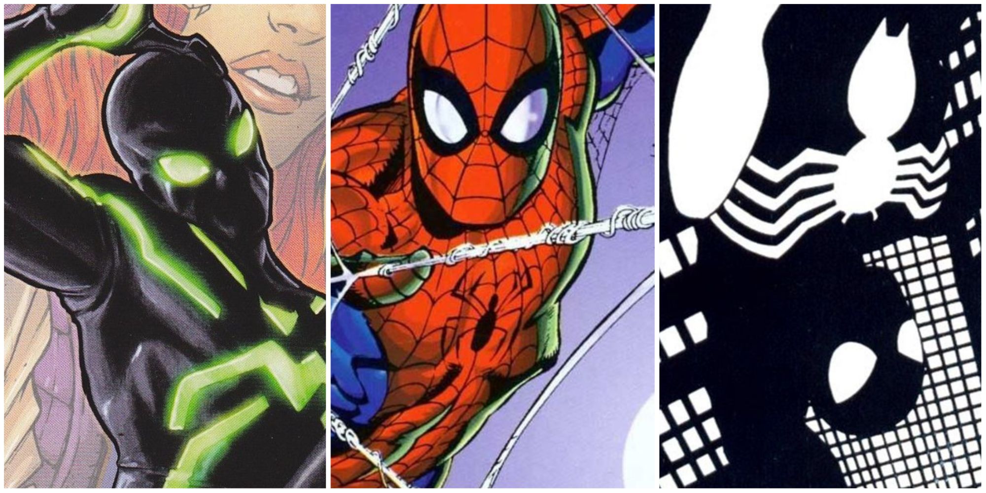 A split image of Spider-Man in his stealth suit, of Spider-Man shooting webs, and of Spider-Man swinging through the city in black and white art and using his black costume (right) are all ways Spider-Man could improve his tactics