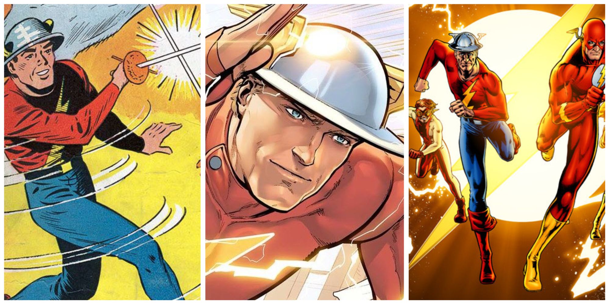 A split image of Jay Garrick fighting with swords, Jay Garrick running at top speed, and Jay Garrick running alongside Barry in DC Comics