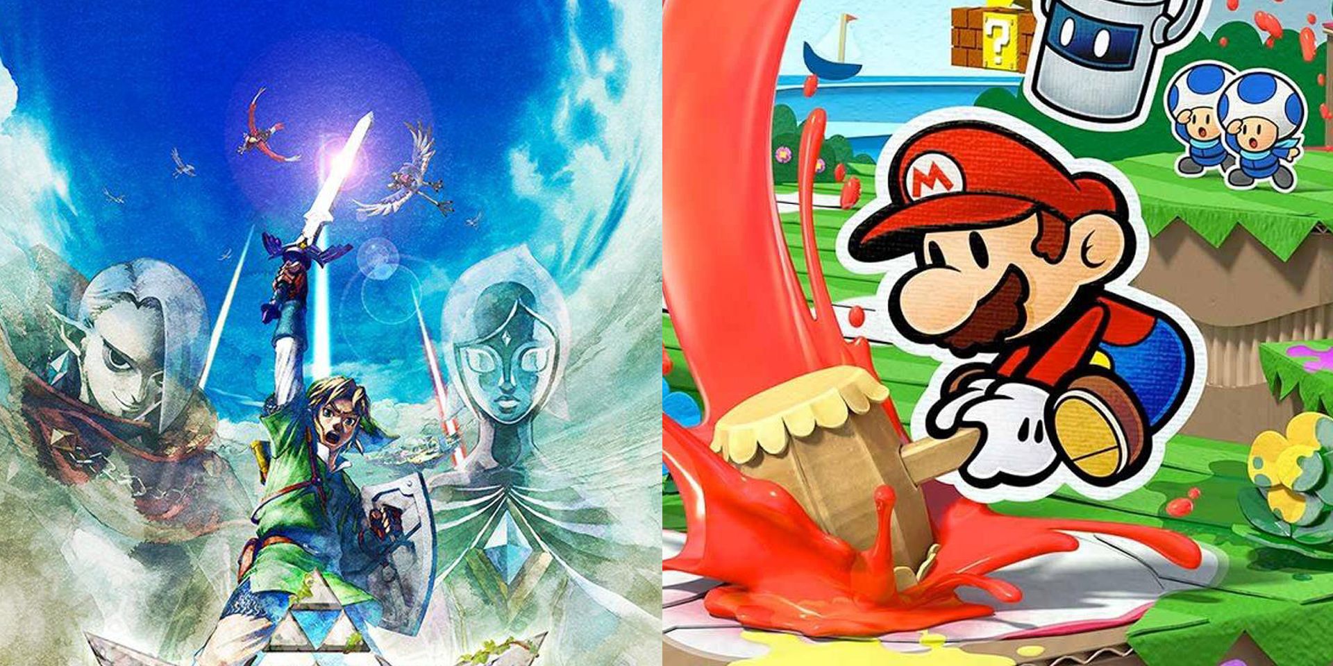 A split image of Legend of Zelda's Link wielding a sword and Mario splattering paint with a hammer