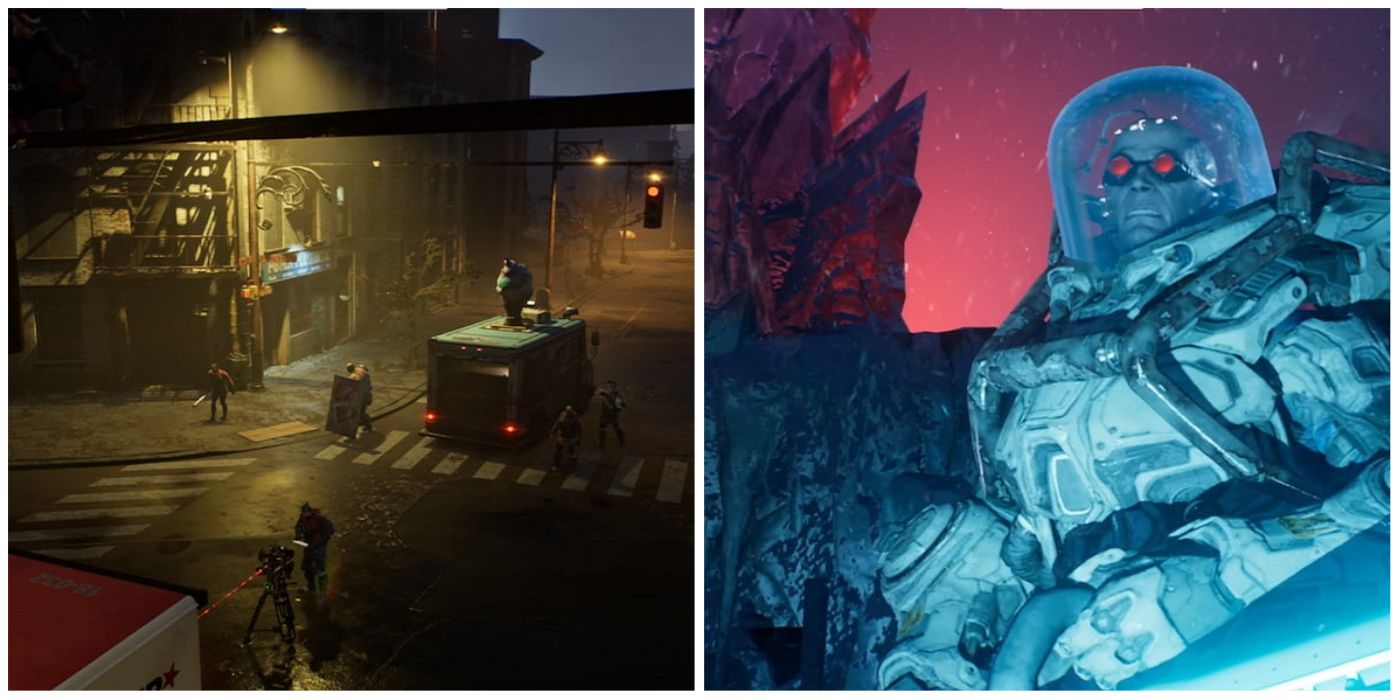 Split image of villains attacking a truck and Mr Freeze from Gotham Knights