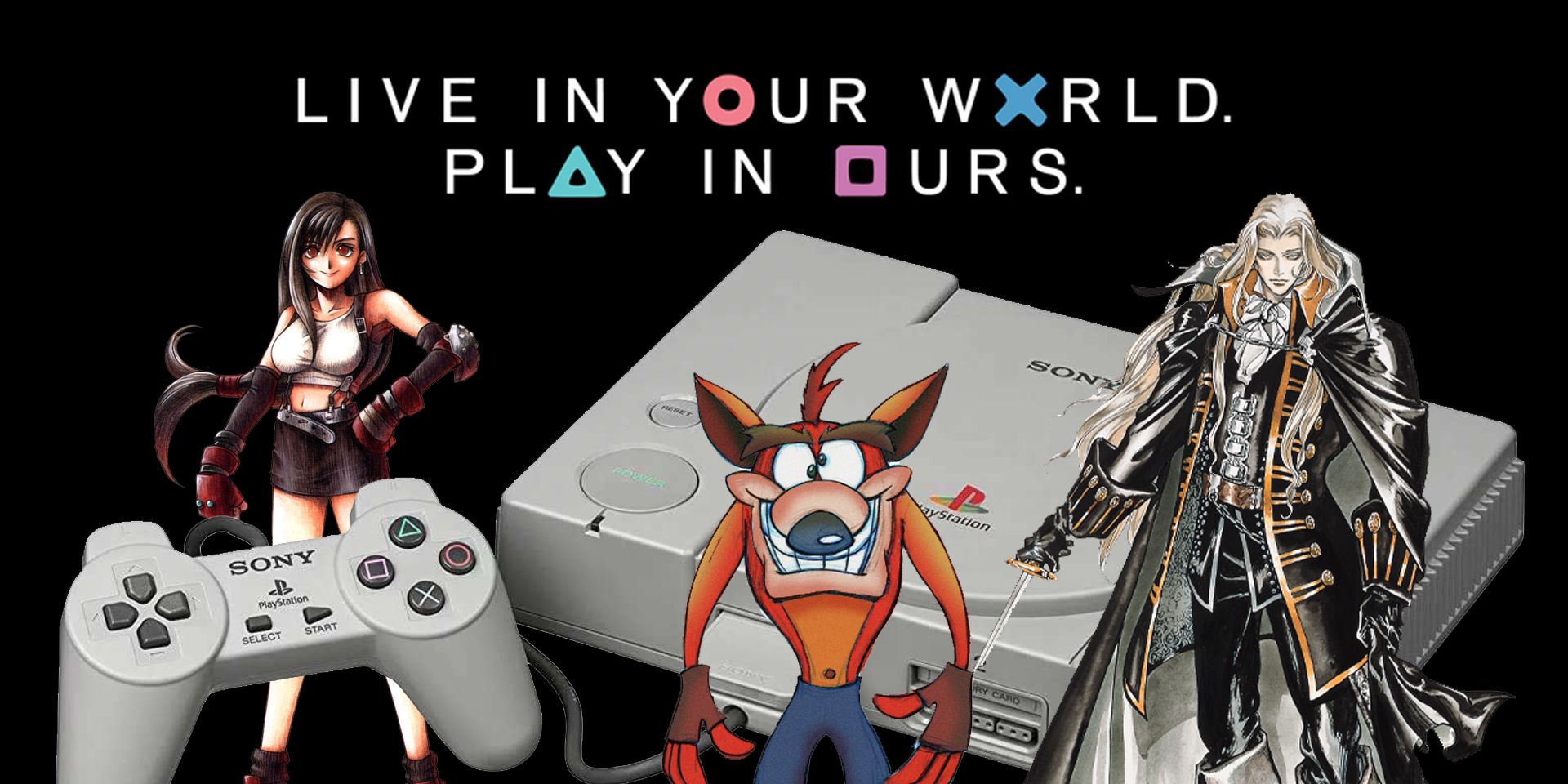 Crash Bandicoot, Tifa Lockheart, and Alucard stand around the PlayStation.