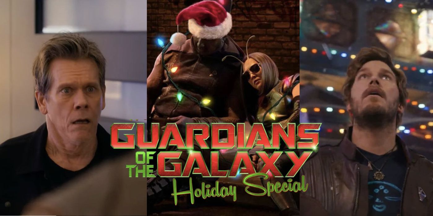 Kevin Bacon, Drax and Mantis, and Peter Quill in The Guardians Of The Galaxy Holiday Special