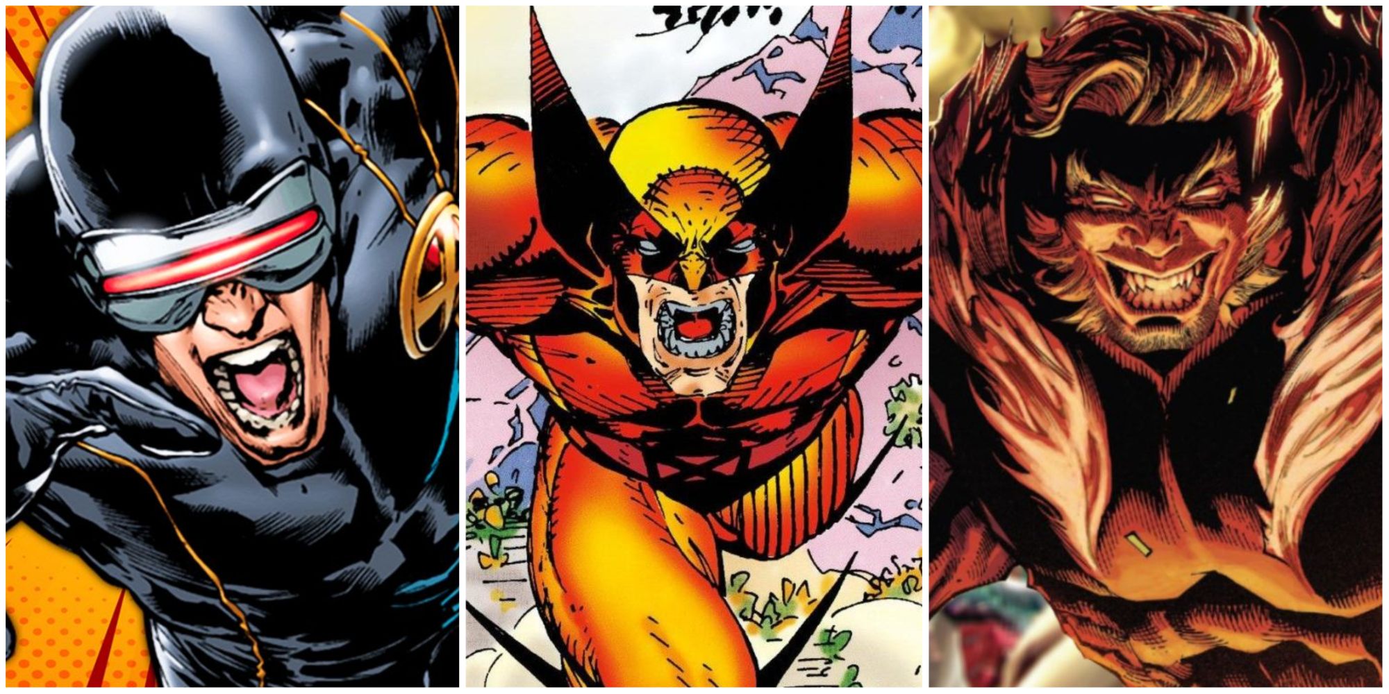 A split image of Cyclops, Wolverine, and Sabretooth yelling with rage in Marvel Comics