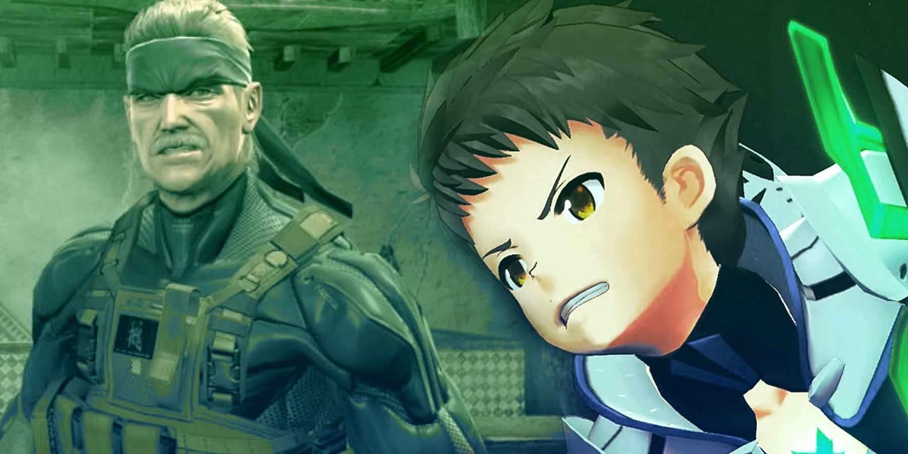 A split image of Snake from Metal Gear Solid and a character from Legend of Heroes