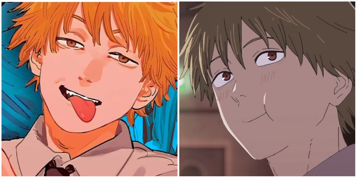Chainsaw Man's Denji sticking out his tongue and chewing food